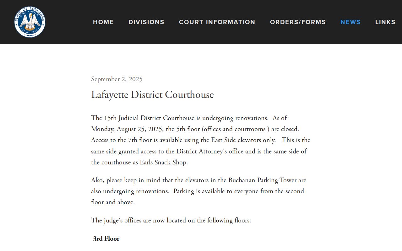 Lafayette court calendar record notice about courthouse renovation access